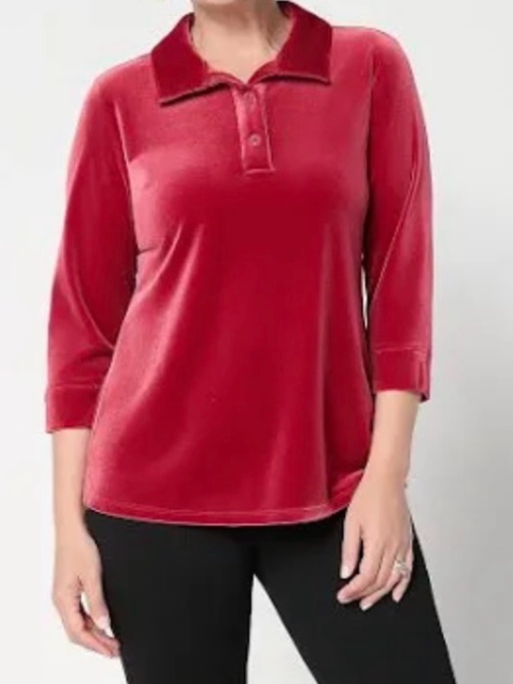 NWT Denim & Co. Knit Velvet 3/4 Sleeve Collared Henley Top Claret Red Medium